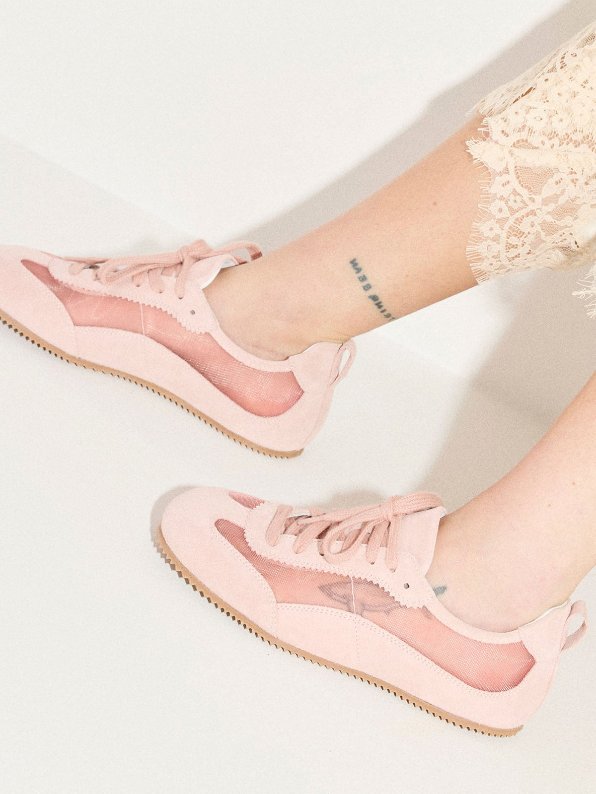 Pink Cow Suede And Mesh Square-Toe Stylish Lace-Up Sneakers