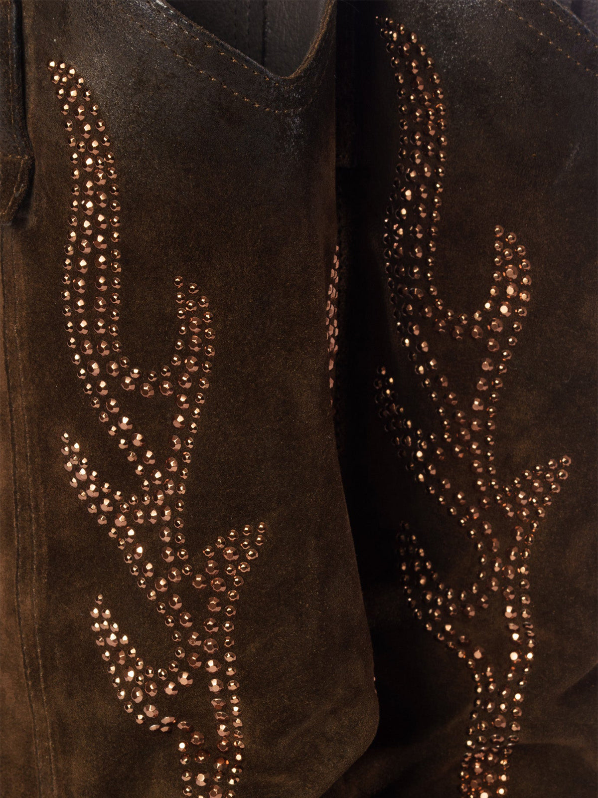 Dark Brown Faux Suede Snip-Toe Studded Fold-Over Mid Calf Cowgirl Boots