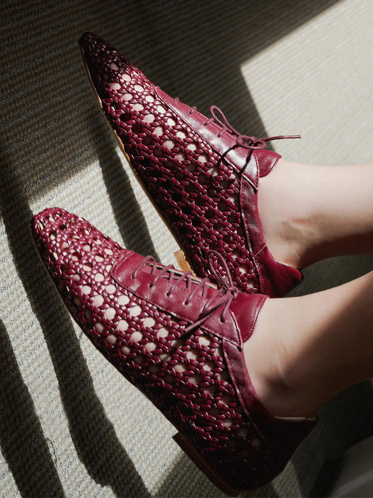 Burgundy Woven Vegan Leather Square-Toe Chic Lace-Up Flats