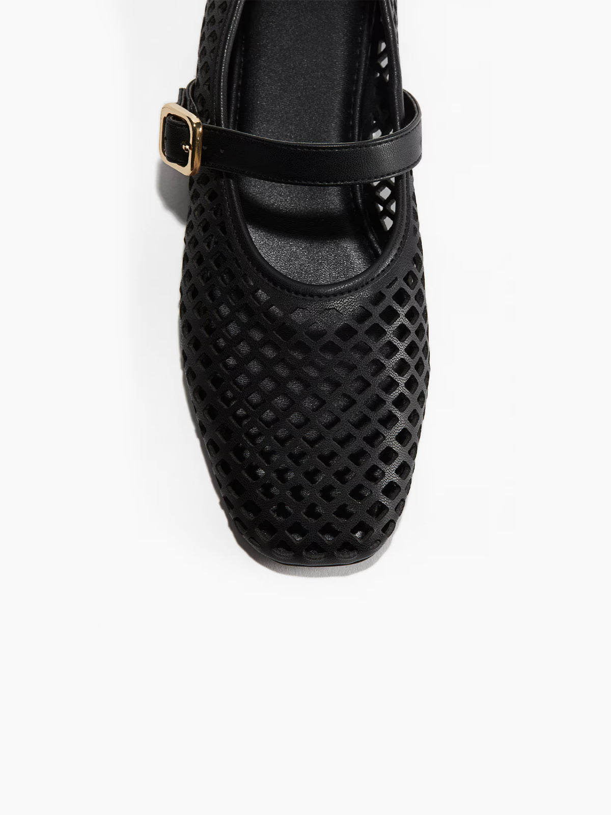 Perforated Square-Toe Bridge Strap Mary Jane Ballet Flats - Black