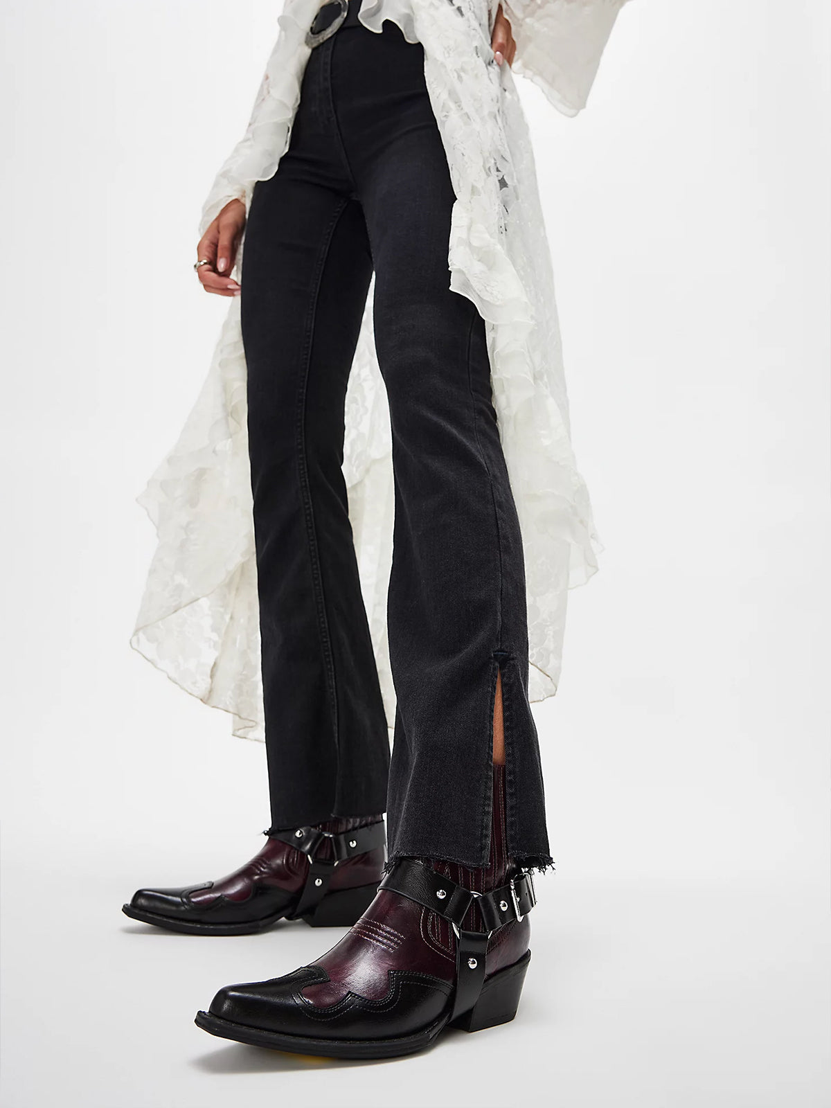 Burgundy Snip-Toe Buckle Straps Ankle Cowgirl Boots