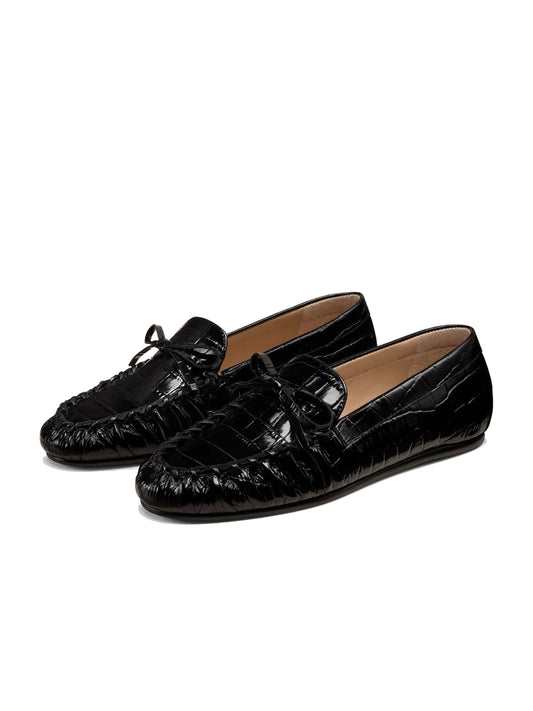 Black Crocodile Print Round-Toe Front Bow Slip-On Chic Flats