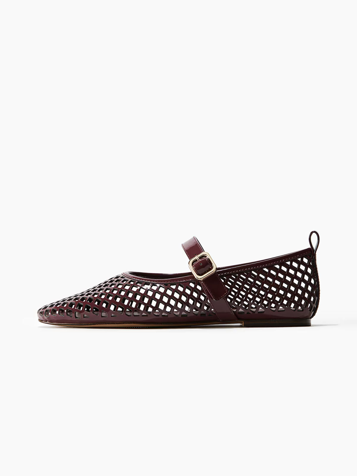 Perforated Square-Toe Bridge Strap Mary Jane Ballet Flats - Patent Burgundy