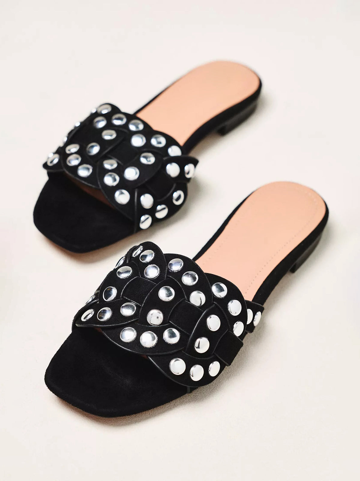 Black Faux Suede Square-Toe Studded Slip-On Sandals Flats