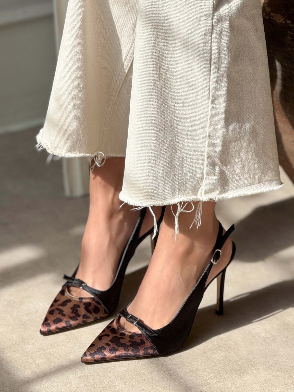 Contrast Black And Leopard Satin Pointed-Toe Slingback High Heels