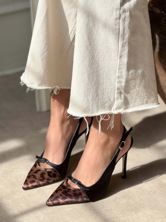 Contrast Black And Leopard Satin Pointed-Toe Slingback High Heels