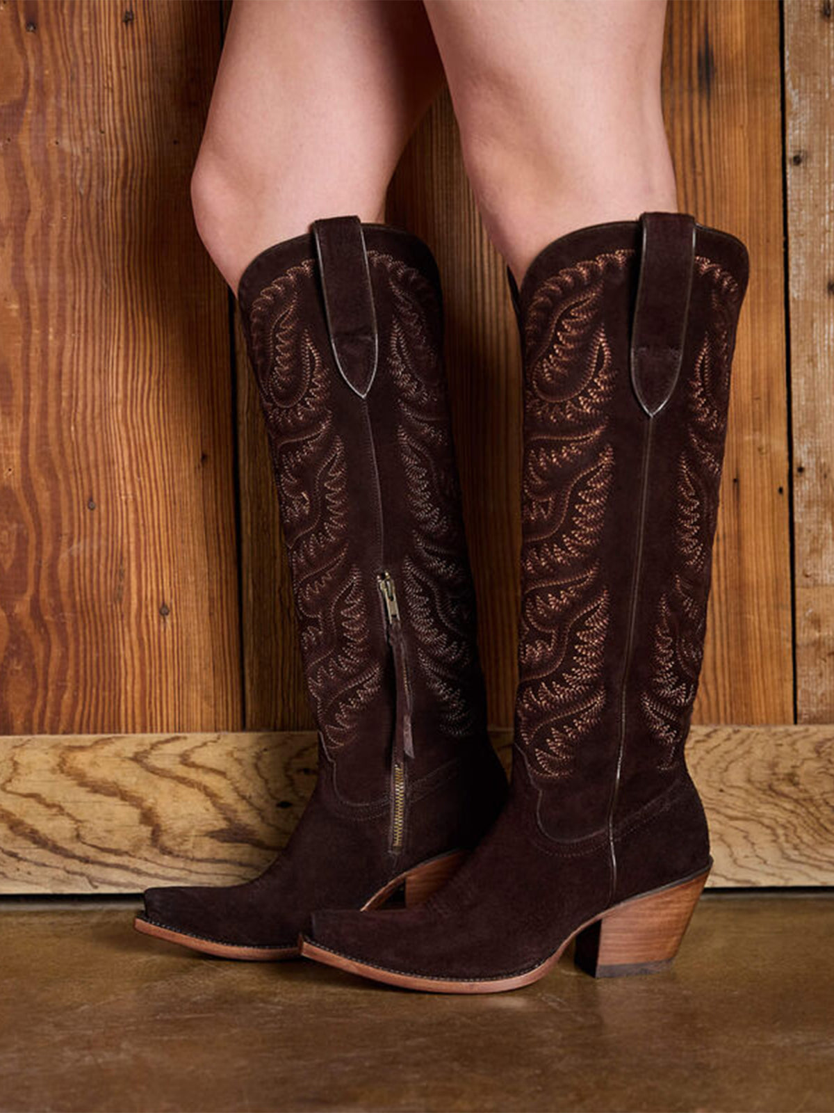 Embroidery Half-Zip Tall Knee High Faux Suede Snip-Toe Cowgirl Boots - Warm Brown