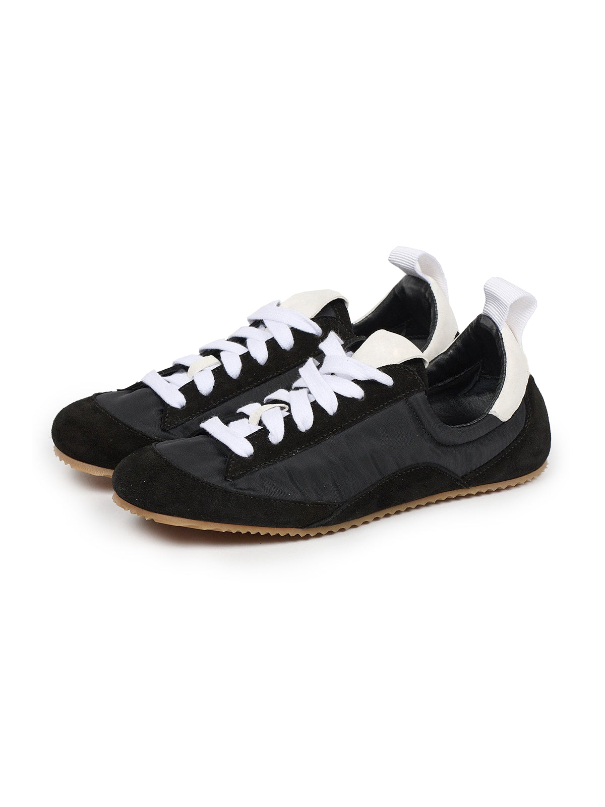 Cow Suede And Satin Round-Toe Lace-Up Chic Sneakers - Black
