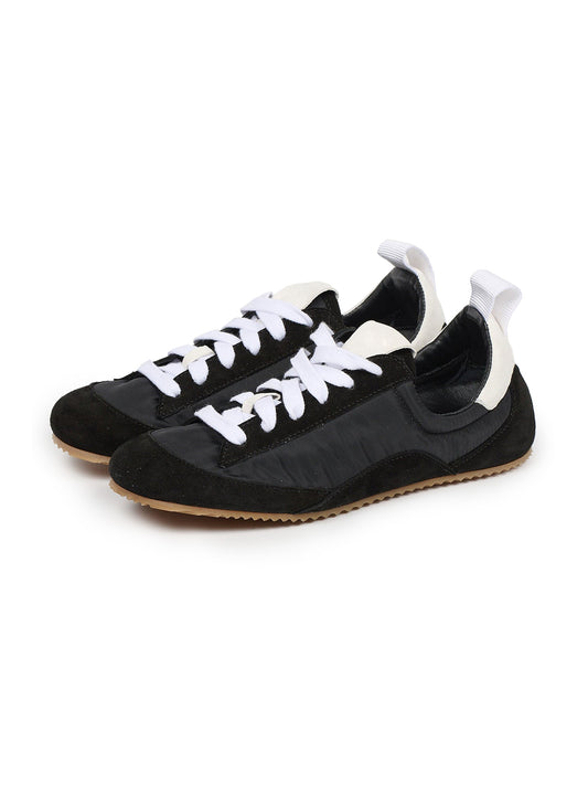 Cow Suede And Satin Round-Toe Lace-Up Chic Sneakers - Black