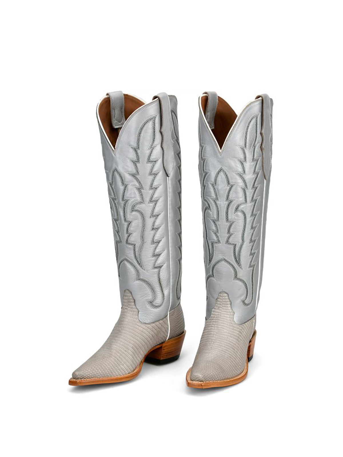 Grey Lizard Print Snip-Toe Western Stitch Knee High Cowgirl Boots