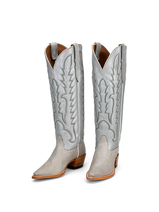 Grey Lizard Print Snip-Toe Western Stitch Knee High Cowgirl Boots