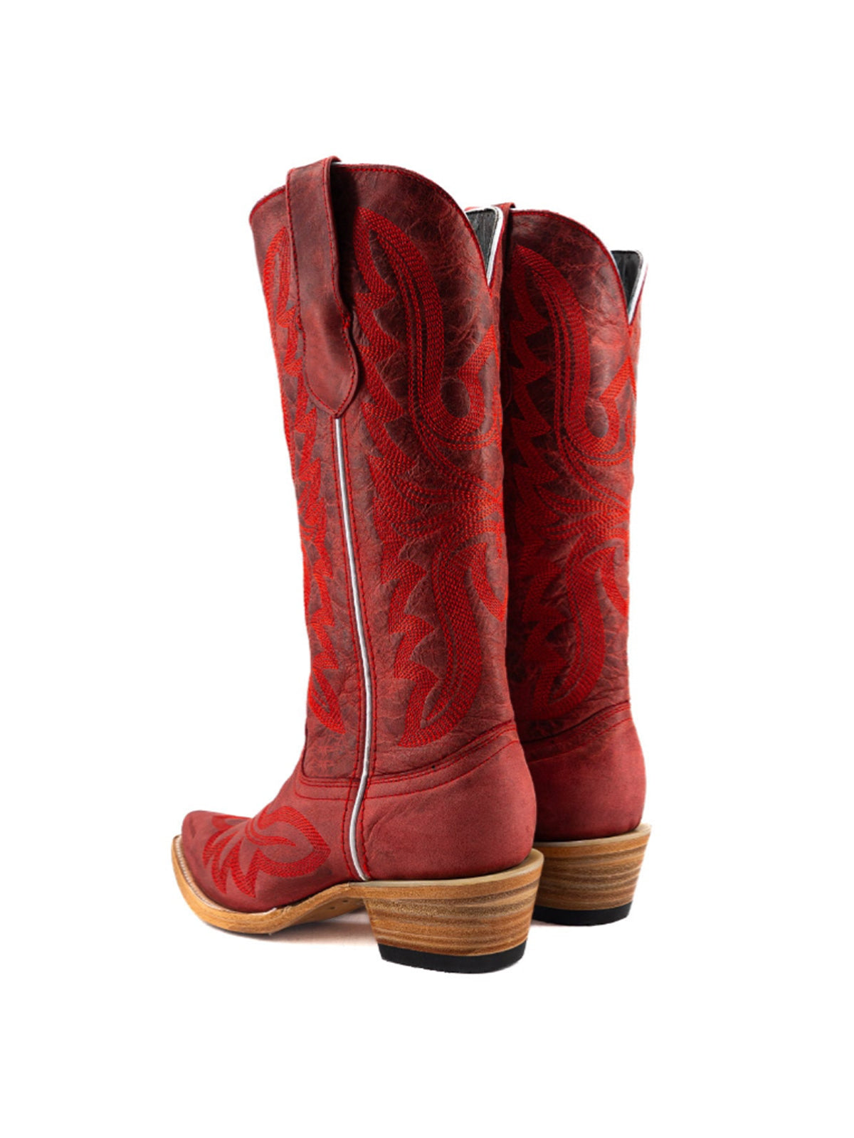 Snip-Toe Sleek Embroidery Mid Calf Cowgirl Boots For Woman - Distressed Red