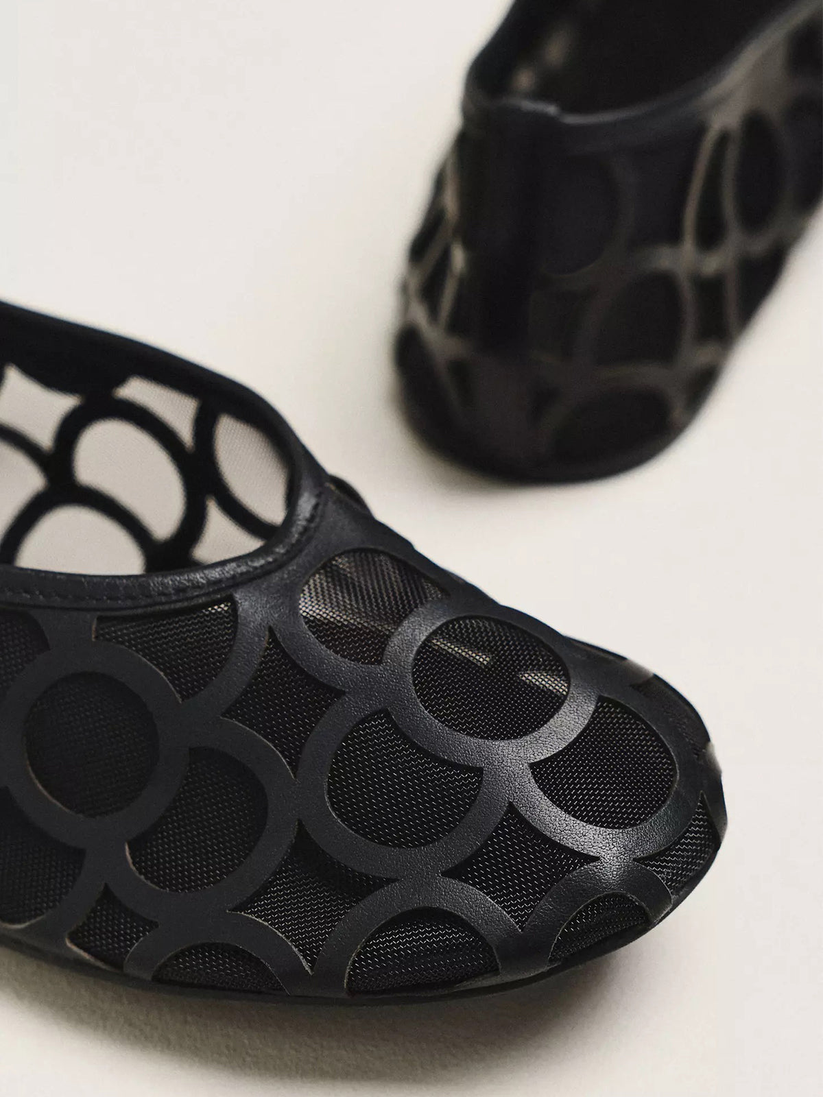 Black Vegan Leather Round-Toe Cutout With Mesh Ballet Flats