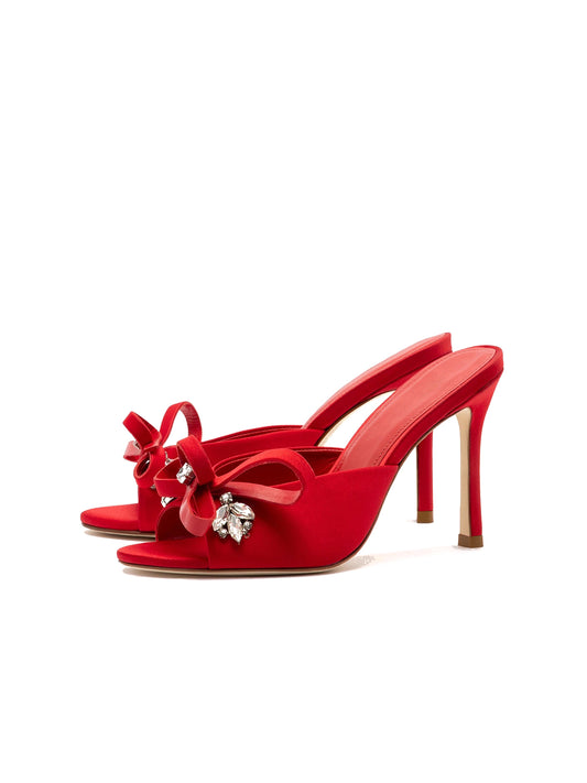Red Satin Open Round-Toe Front Bow And Crystals High Heels