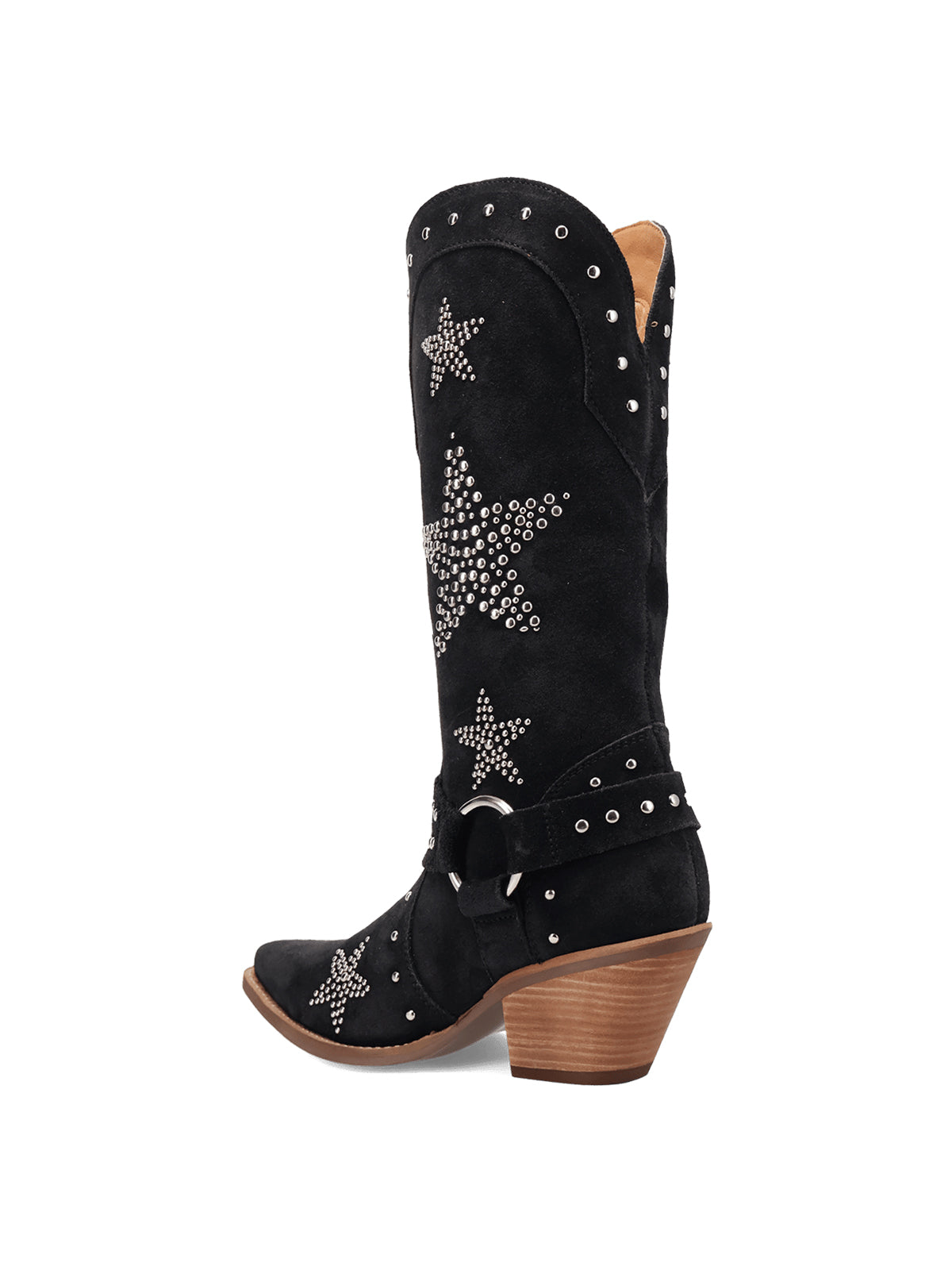 Black Faux Suede Snip-Toe Studded Stars Buckle Strap Mid Calf Cowgirl Boots