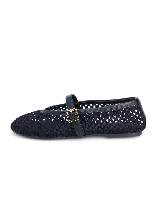 Black Grass Woven Round-Toe Buckle Mary Jane Chic Flats