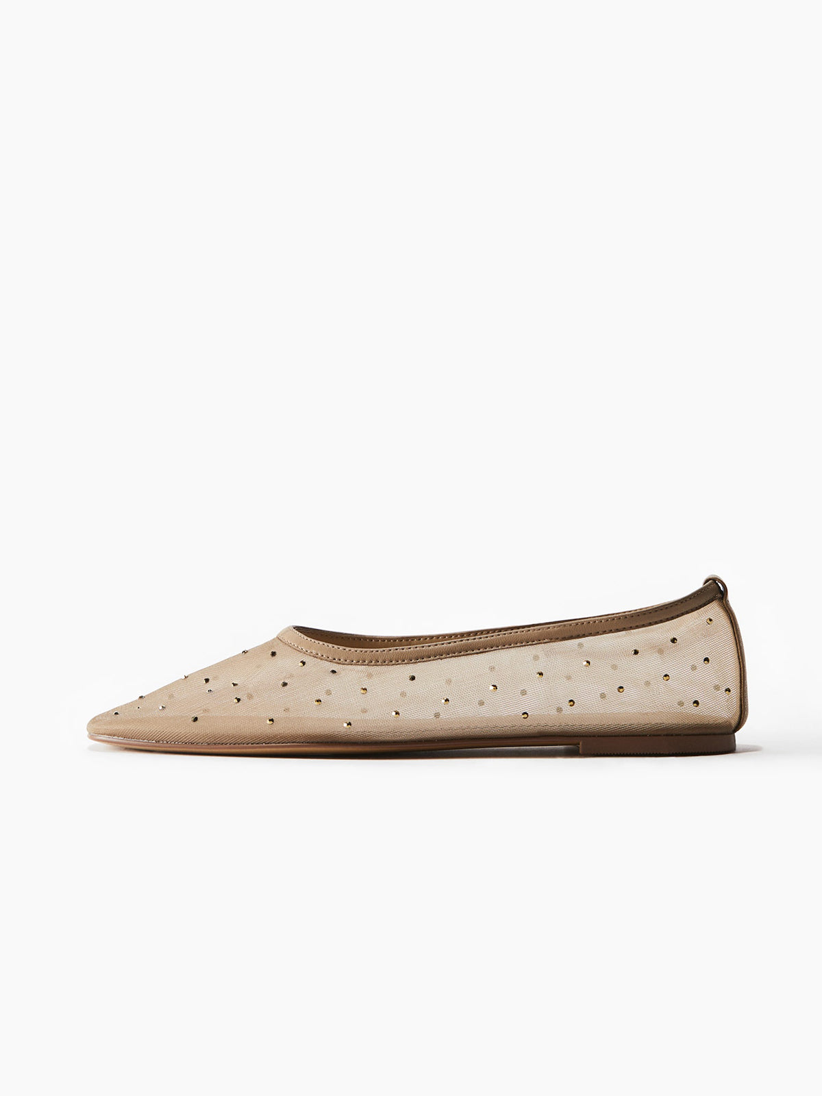 Rhinestone Mesh Square-Toe Ballet Flats - Beige