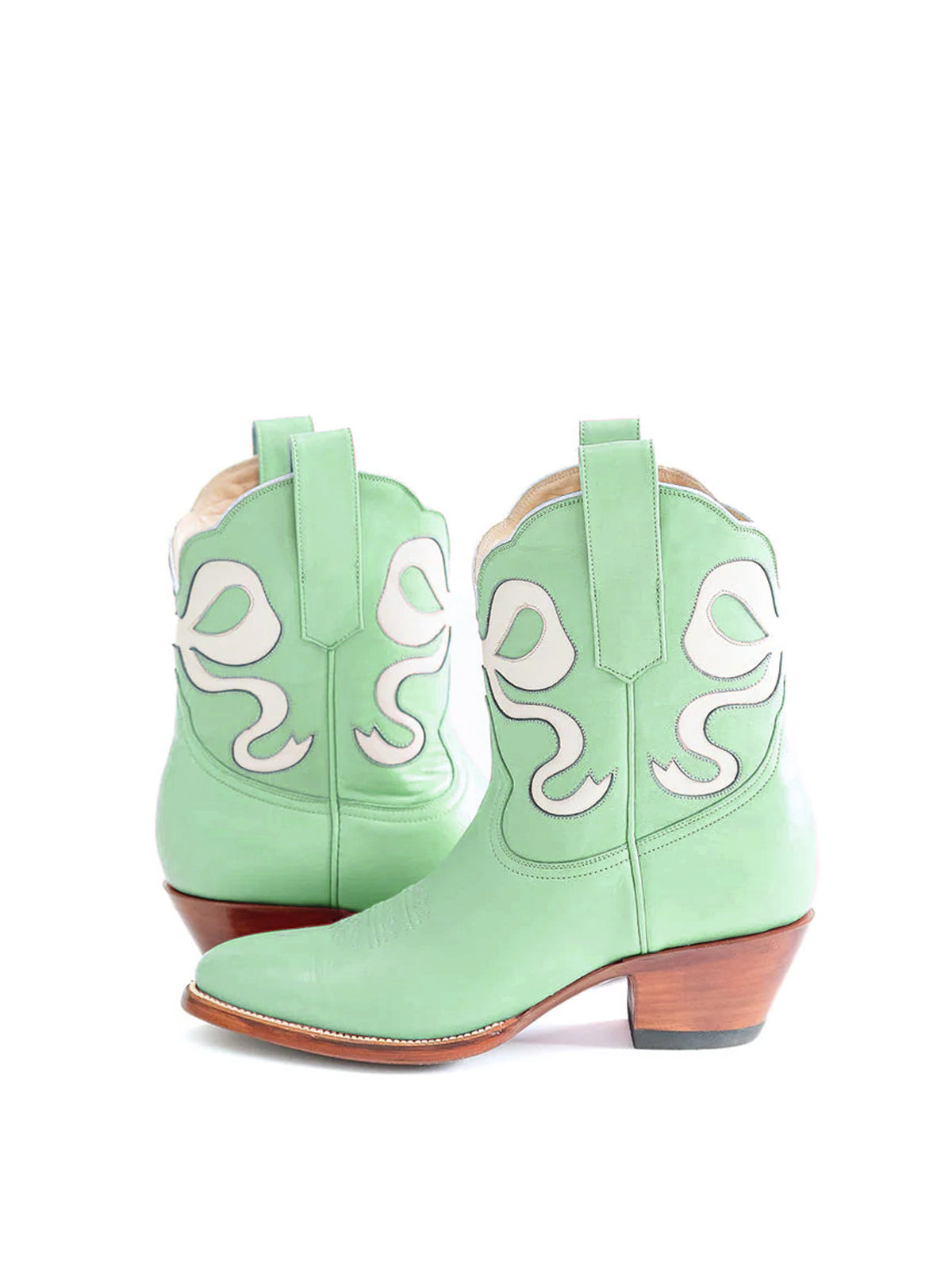 Green Almond-Toe Ankle Western Boots With White Bowknot Inlay