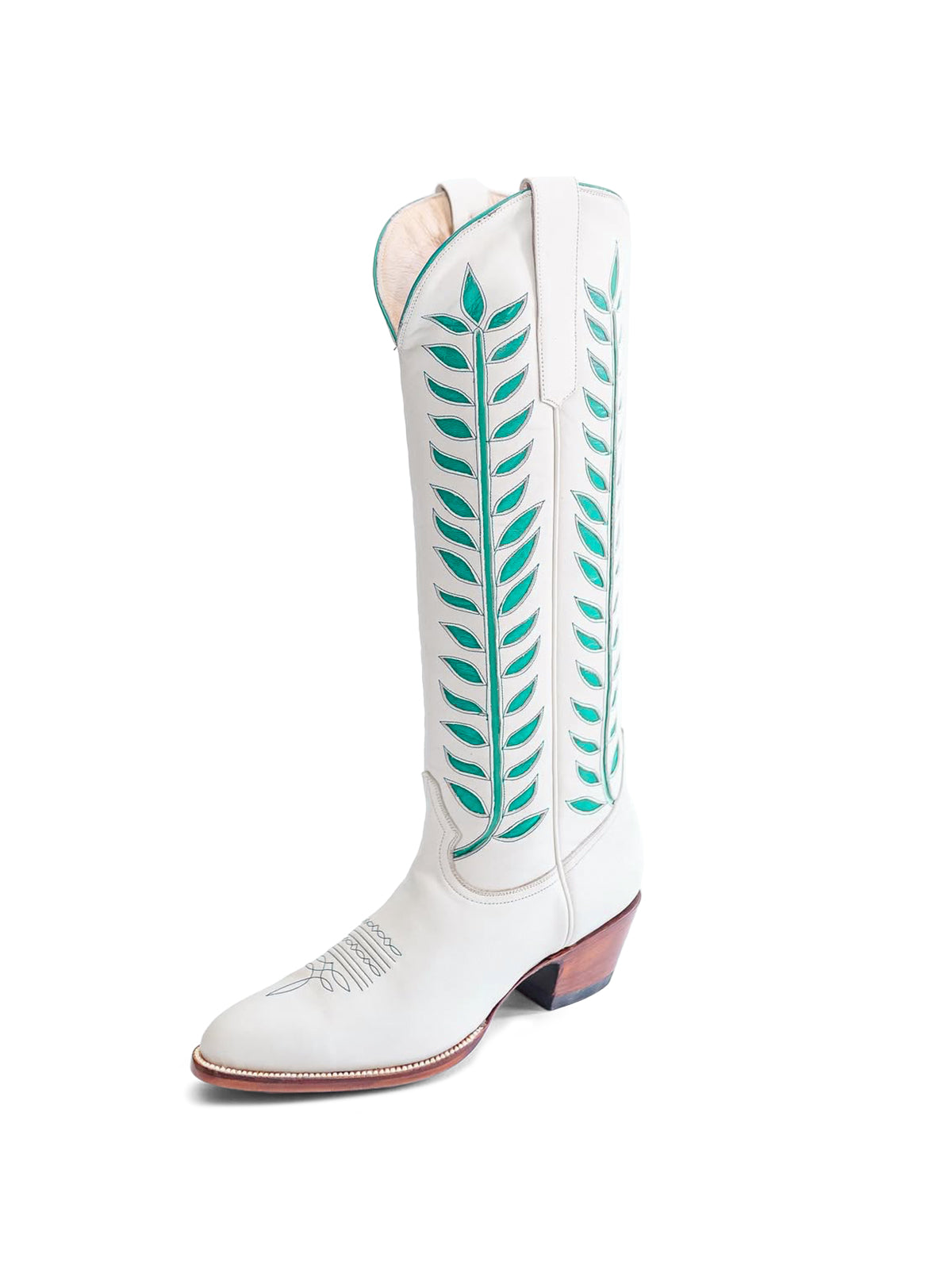 Almond-Toe Turquoise Leaves Inlay Wide Calf Tall Knee High Cowgirl Boots - White