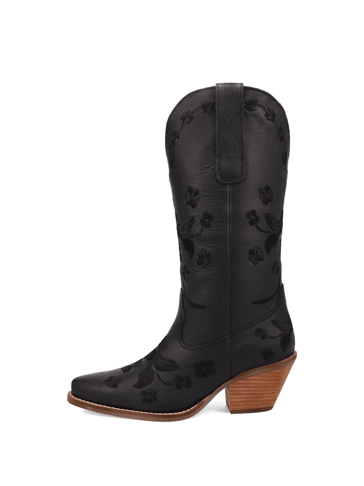 Flowers Embroidery Snip-Toe Mid Calf Cowgirl Boots - Black