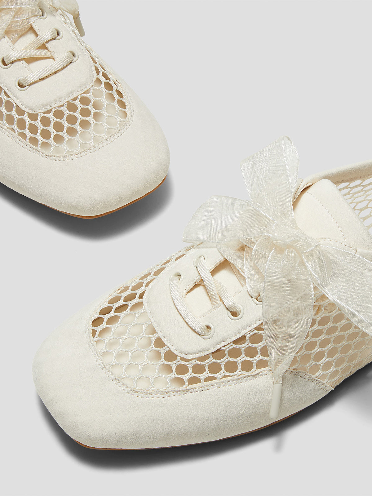 Ivory Mesh And Faux Suede Square-Toe Floral Embroidery Lace-Up Flats