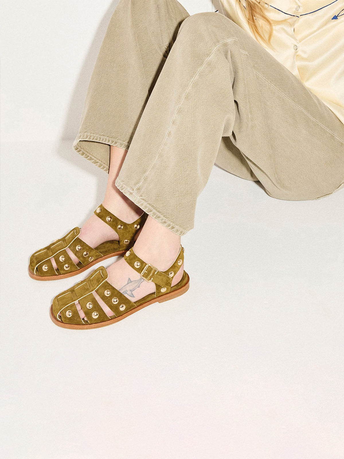 Olive Green Faux Suede Round-Toe Fisherman Studs Sandals Flats