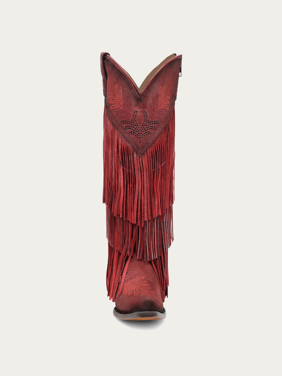 Red Faux Suede Snip-Toe Chic Fringe And Embroidery Full-Zip Knee High Cowgirl Boots