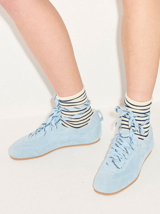 Blue Cow Suede Square-Toe Chic Lace-Up Ballet Sneakers