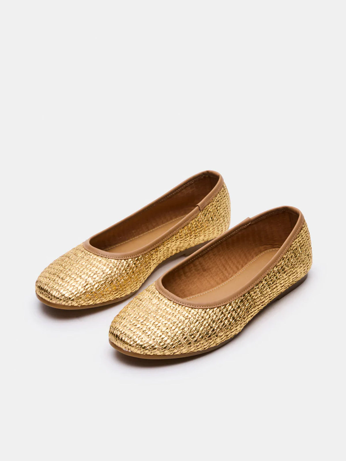 Gold Round-Toe Woven Classic Ballet Flats