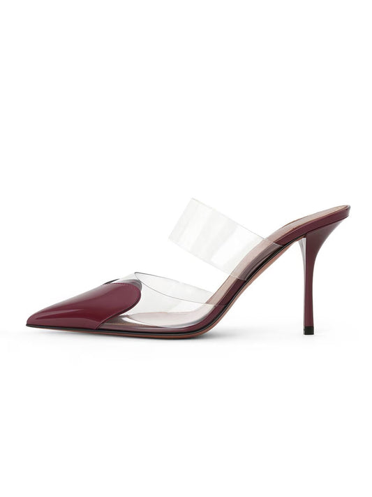 Patent Burgundy And TPU Transparent Film Pointed-Toe Slip-On High Heels