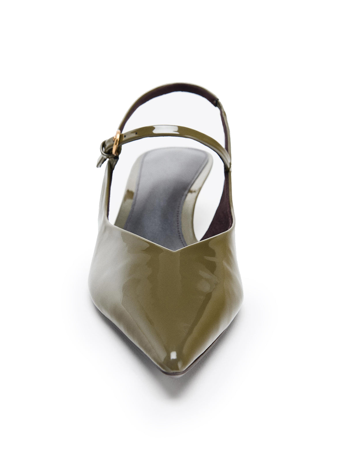Patent Khaki Green Pointed-Toe Bridge Strap Slingback Kitten Heels