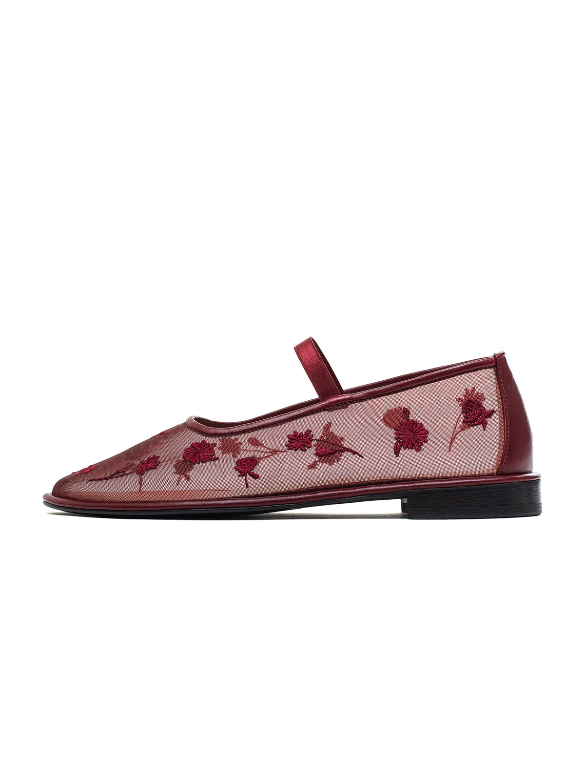 Burgundy Mesh Round-Toe Wildflowers Embroidery Mary Jane Ballet Flats