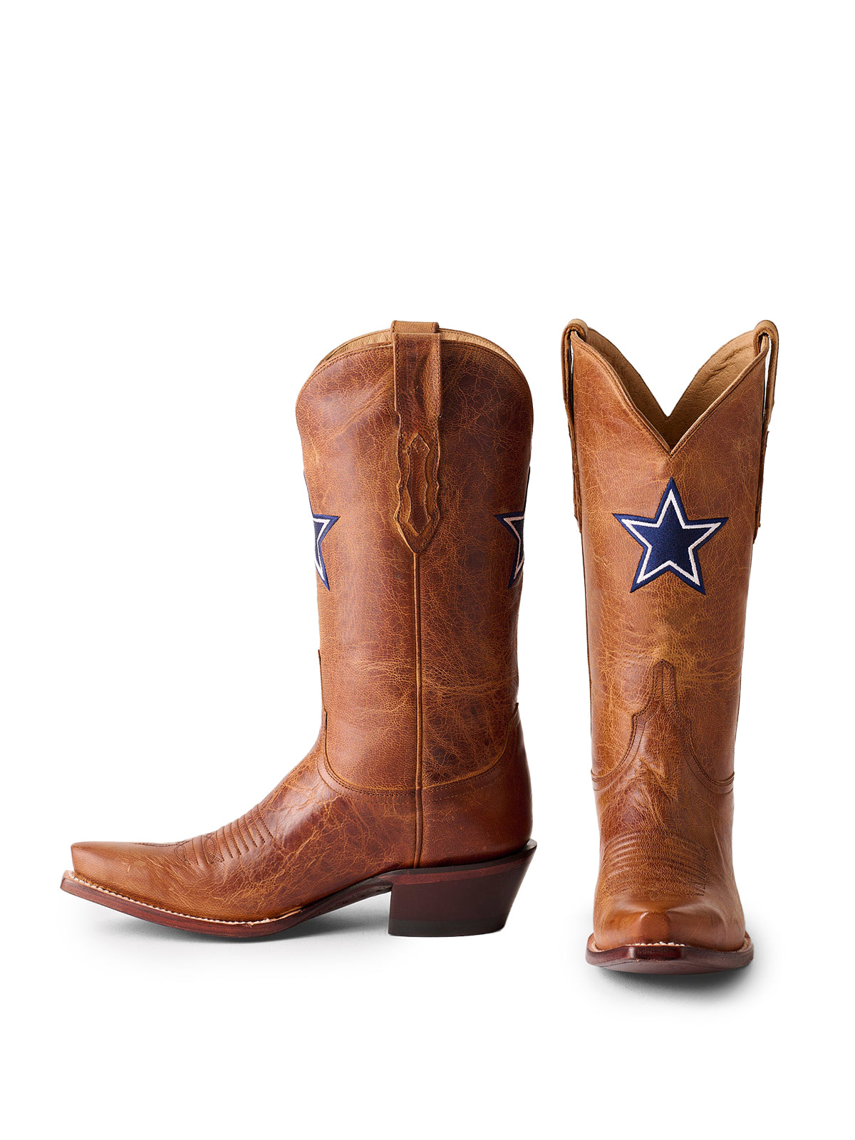 Distressed Brown Snip-Toe Star Embroidery Mid Calf Cowboy Boots For Women