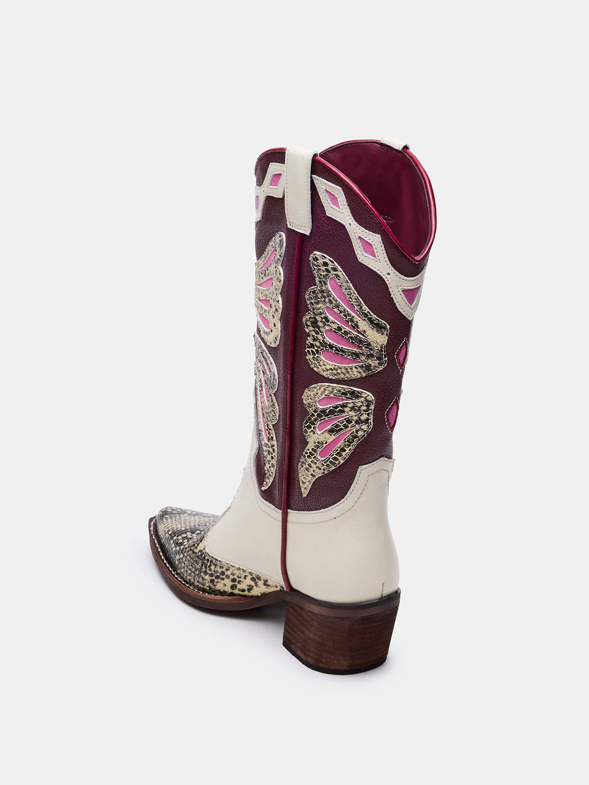 Contrast Tri-Color Snakeskin Print Pointed-Toe Butterfly Inlay Mid Calf Cowgirl Boots