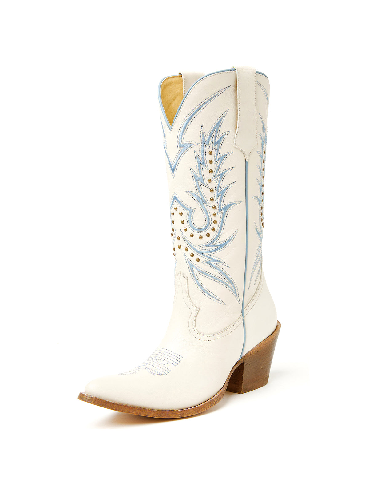 Ivory Round-Toe Chic Embroidery And Studs Mid Calf Cowgirl Boots