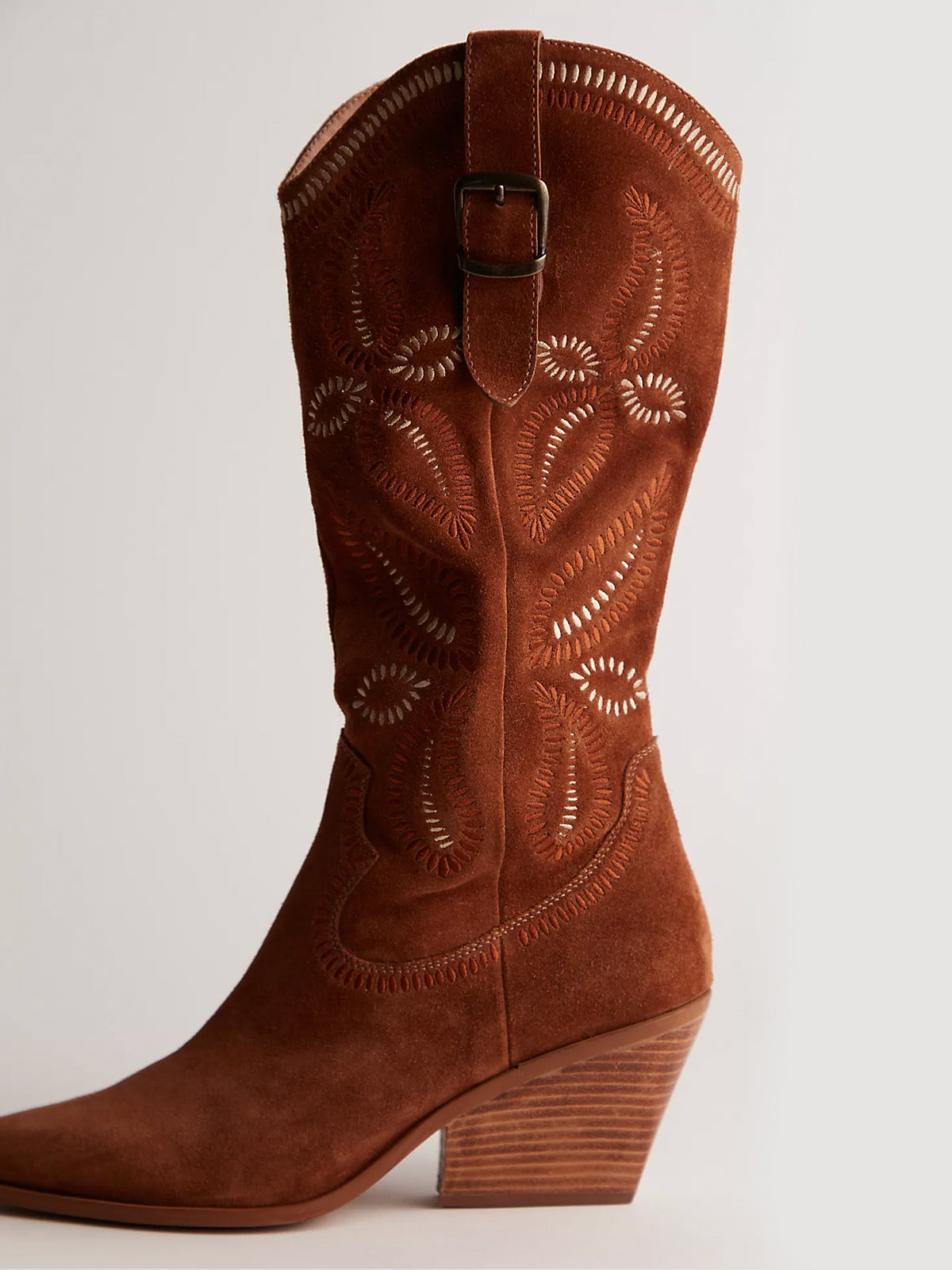 Brown Faux Suede Almond-Toe Leaf Embroidery Full-Zip Mid Calf Cowgirl Boots