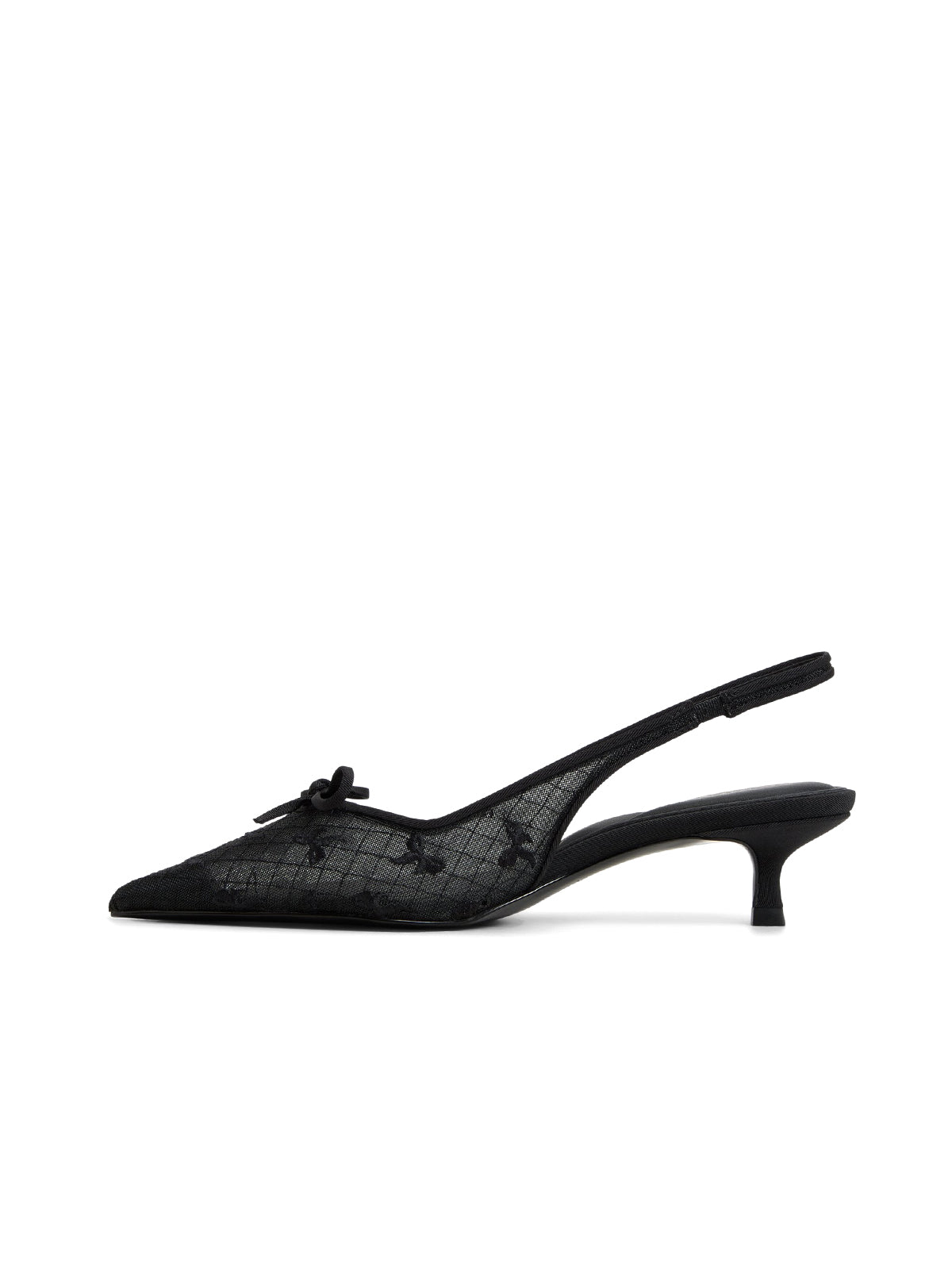 Black Mesh Pointed-Toe Front Bow And Bow Embroidery Slingback Kitten Heels