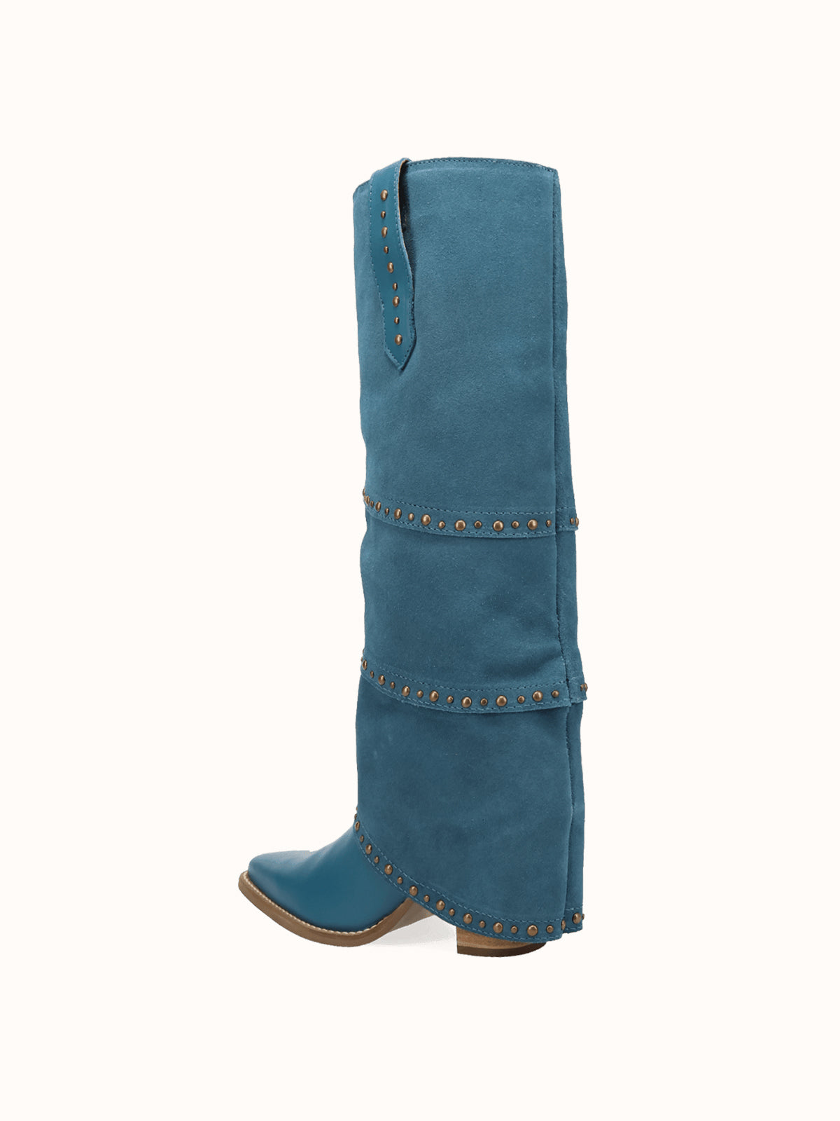 Blue Snip-Toe Faux Suede Fold-Over With Studs Wide Calf Knee High Cowgirl Boots