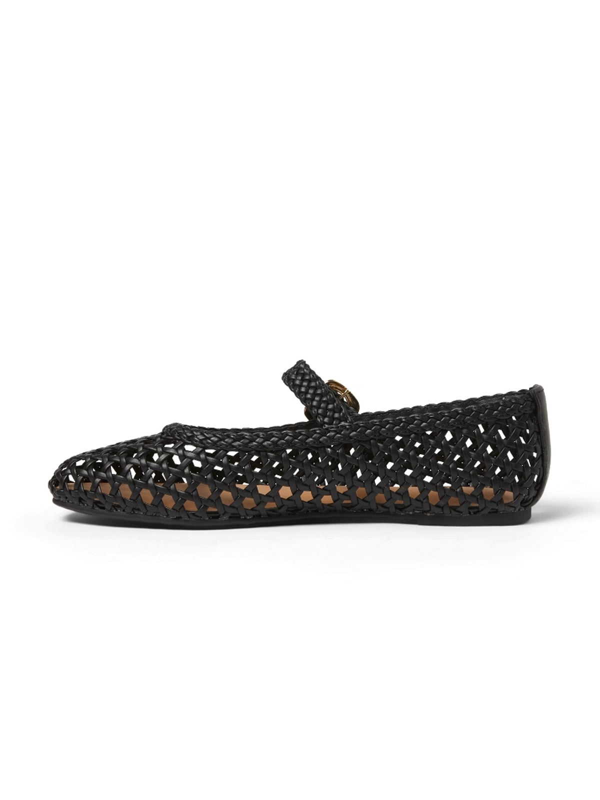Black Woven Vegan Leather Square-Toe Buckle Mary Jane Classic Flats