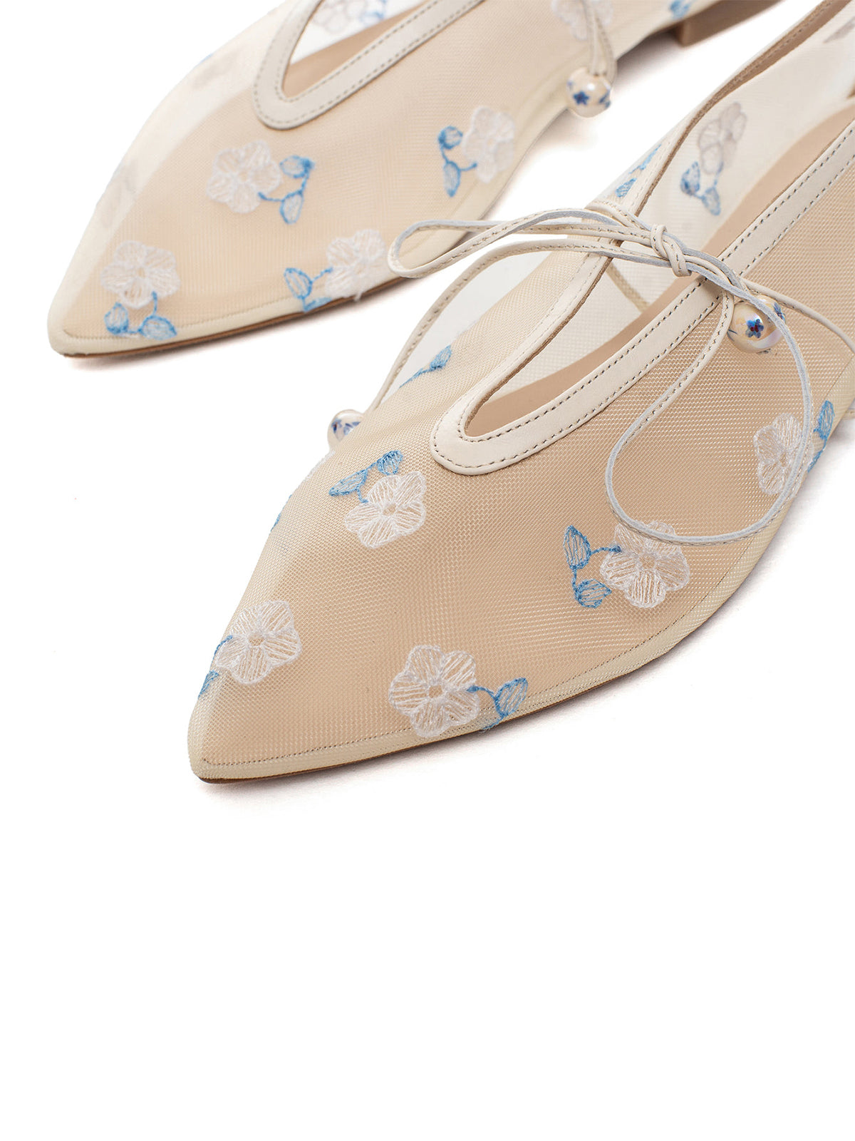 Cream Mesh Pointed-Toe Wildflowers Embroidery Mary Jane Ballet Flats