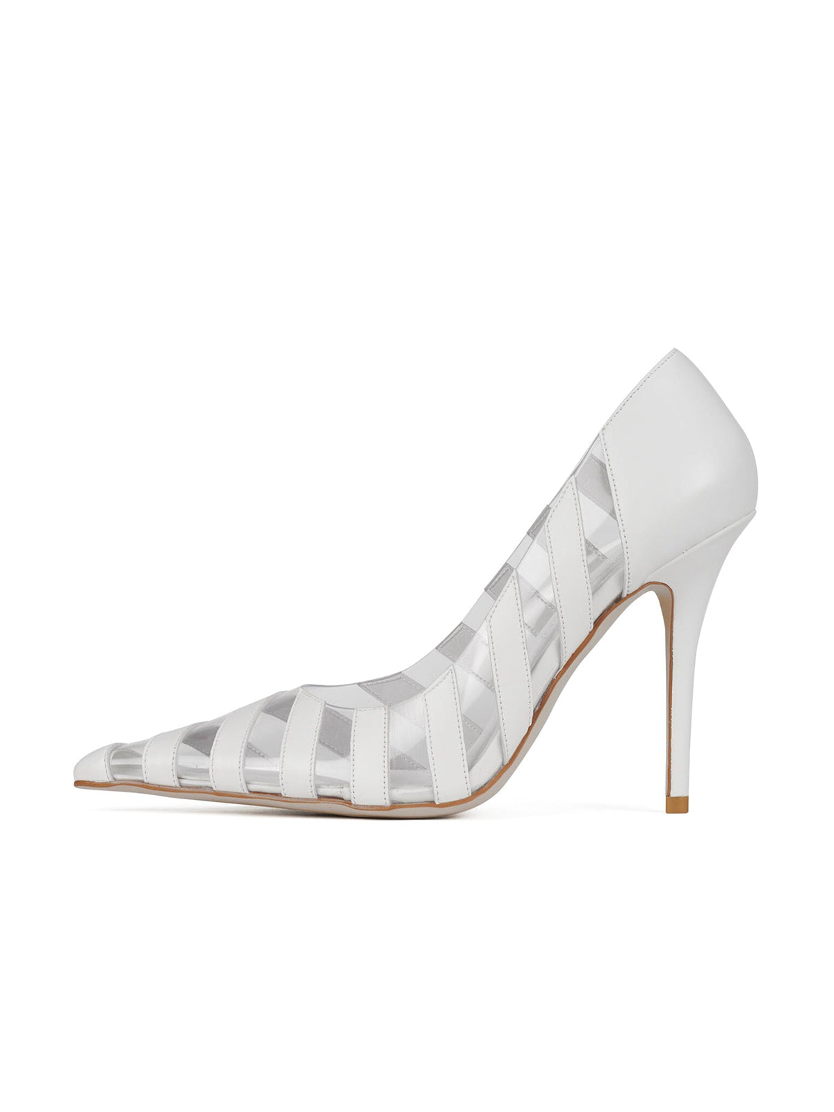 White Contrast Vegan Leather And PVC Film Pointed-Toe Slip-On High Heels