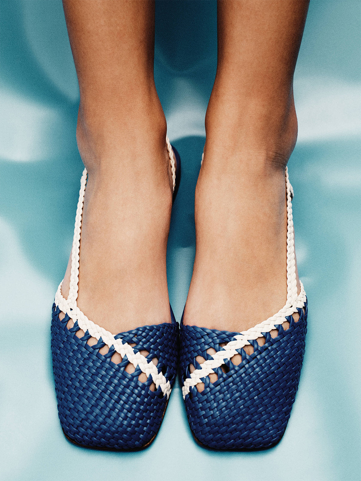Blue And Ivory Woven Vegan Leather Square-Toe Back Strap Sandals Flats