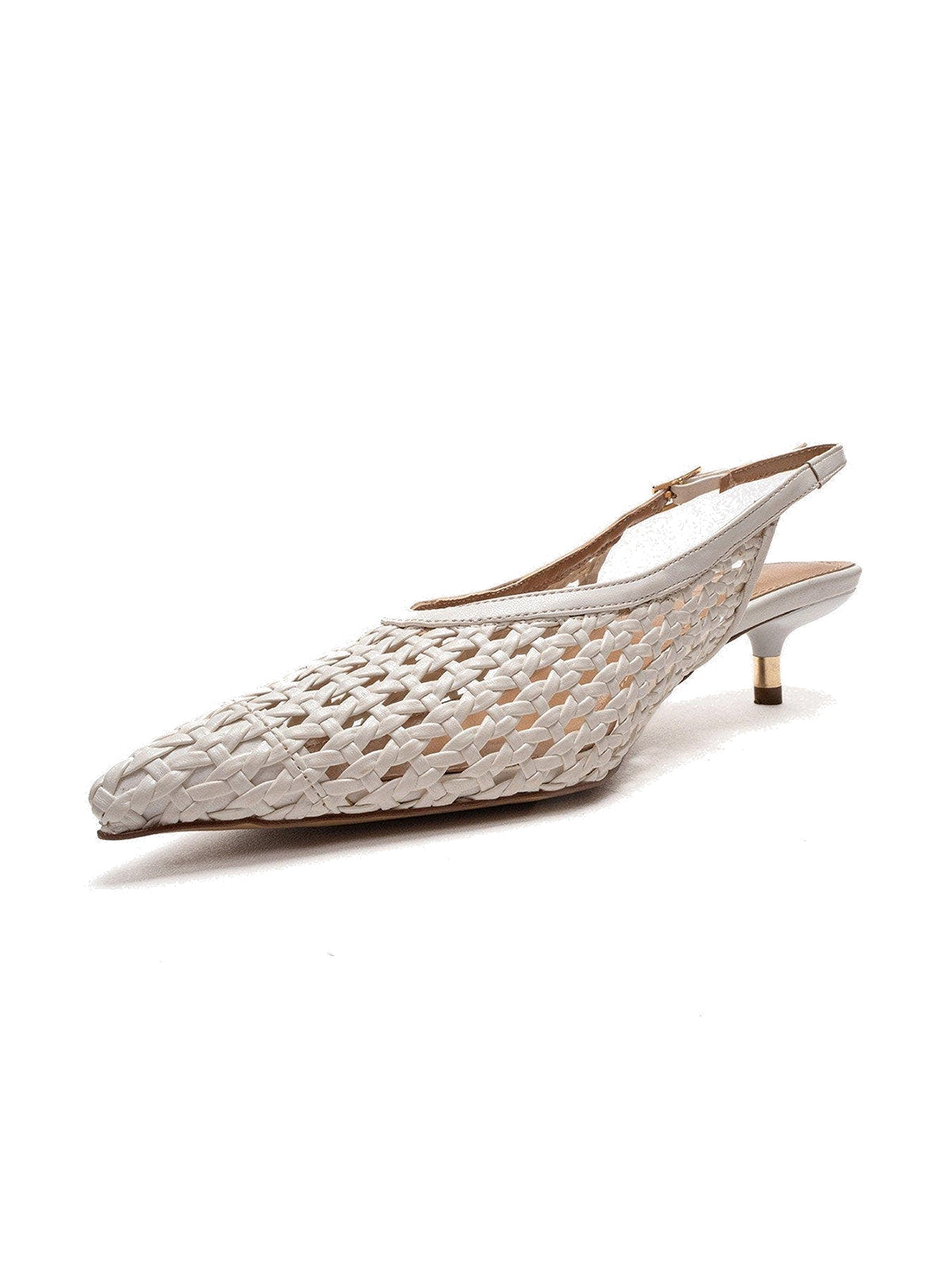 White Woven Vegan Leather Pointed-Toe Classic Back Strap Pumps Kitten Heels