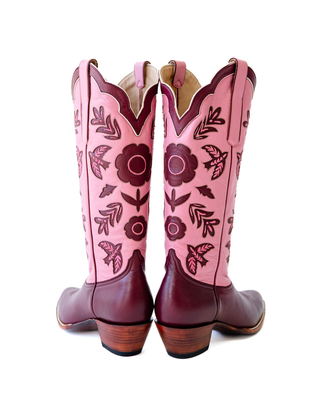 Pink And Maroon Round-Toe Birds Leaves Flowers Inlay Wide Calf Knee High Cowgirl Boots