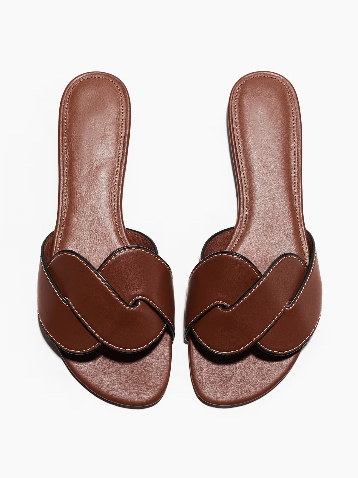 Brown Square-Toe Braided Strap Flats Sandals