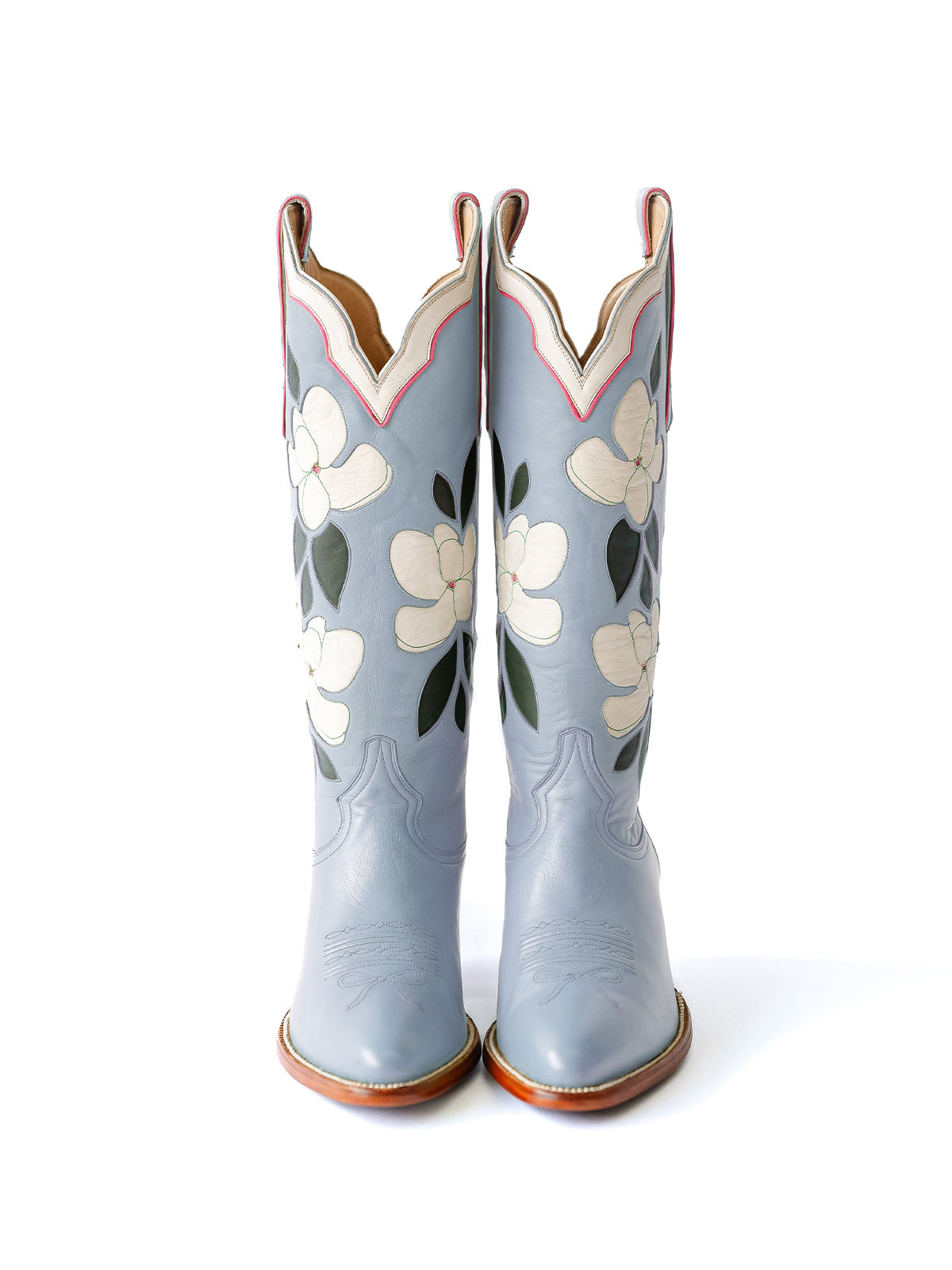 Blue Almond-Toe White Flower Inlay Wide Calf Knee High Cowgirl Boots