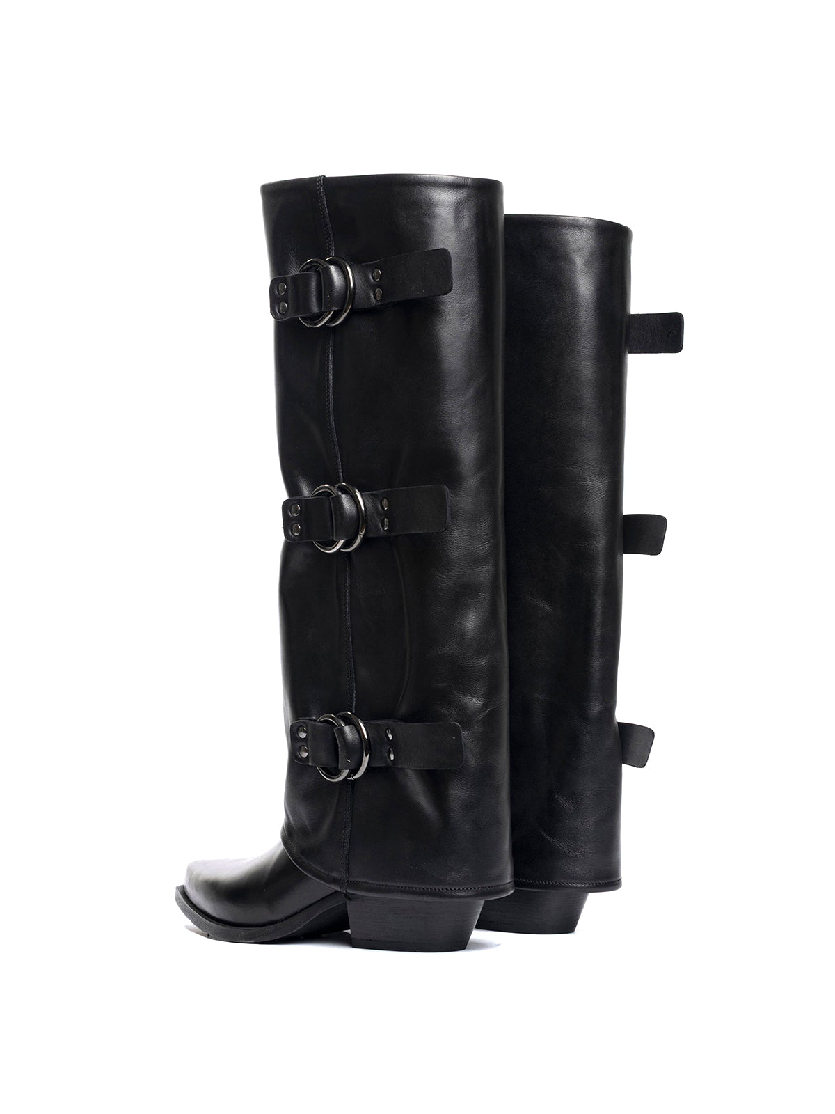 Black Snip-Toe Three Buckle Straps Fold-Over Wide Calf Knee High Cowgirl Boots