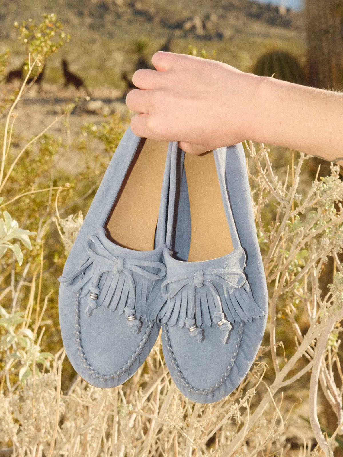 Blue Cow Suede Round-Toe Front Fringe And Bow Loafers Flats