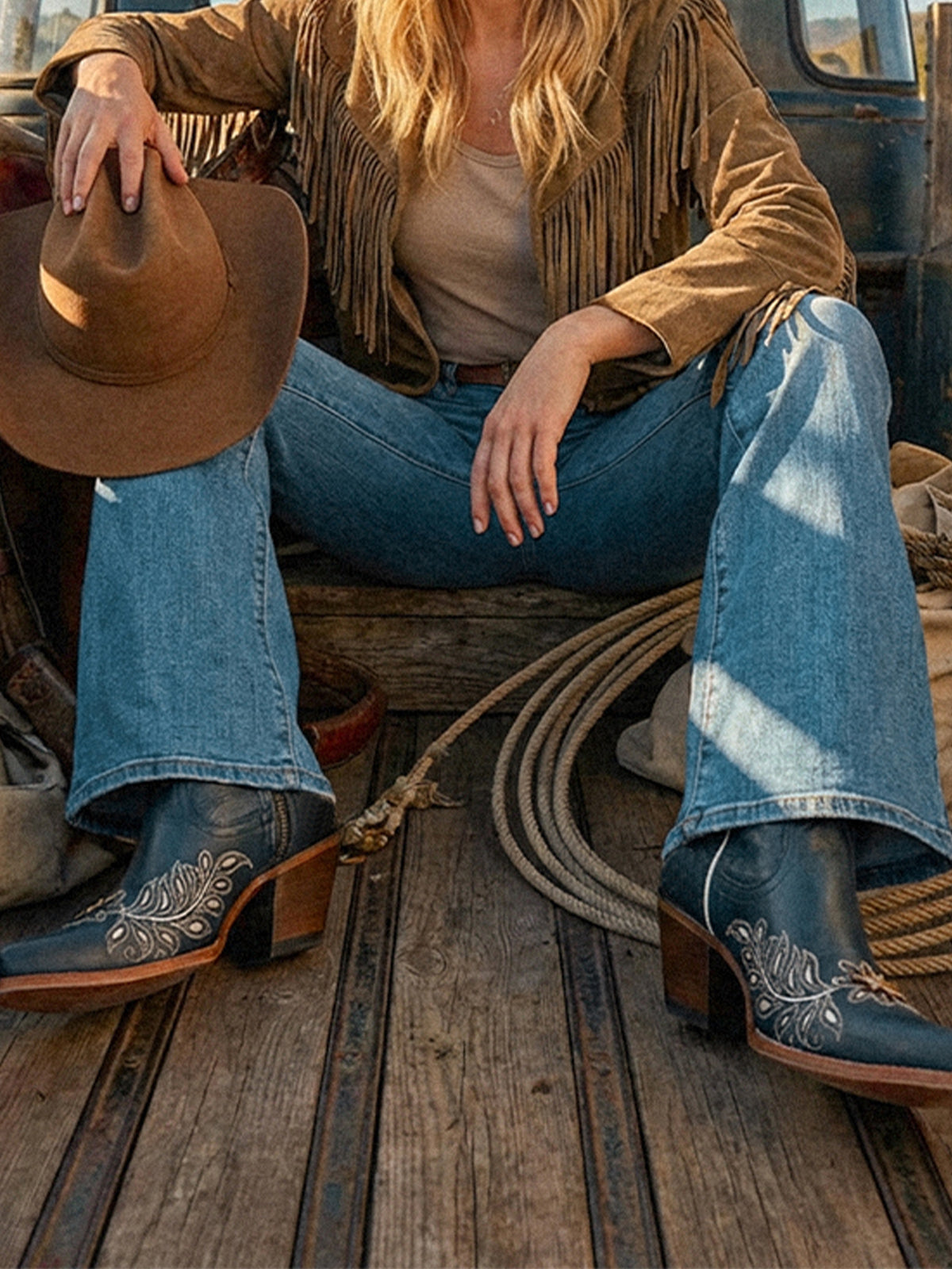 Navy Snip-Toe Leaves Flowers And Bird Inlay Half-Zip Knee High Cowgirl Boots