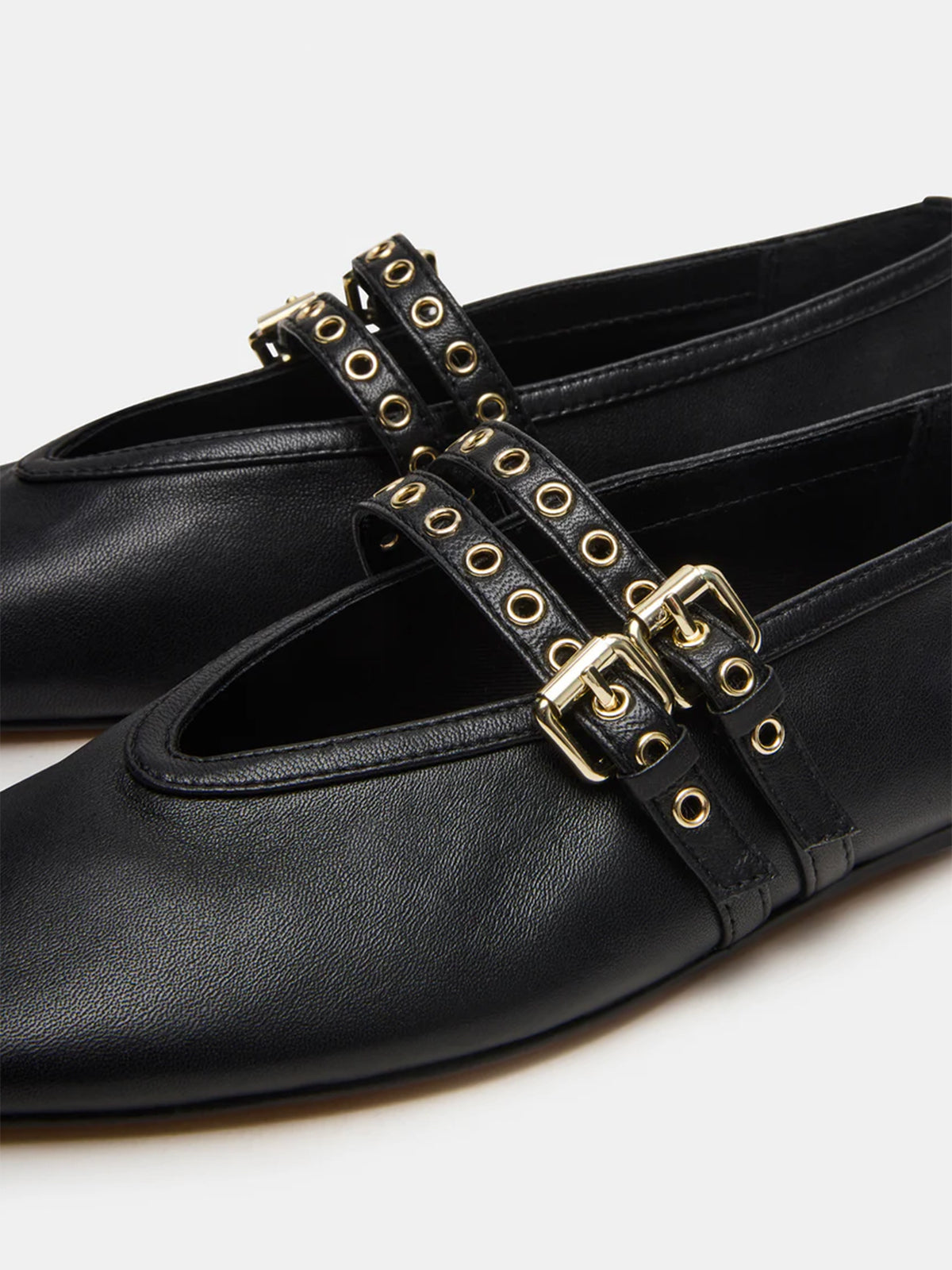 Black Square-Toe Double Bridge Straps Ballet Flats